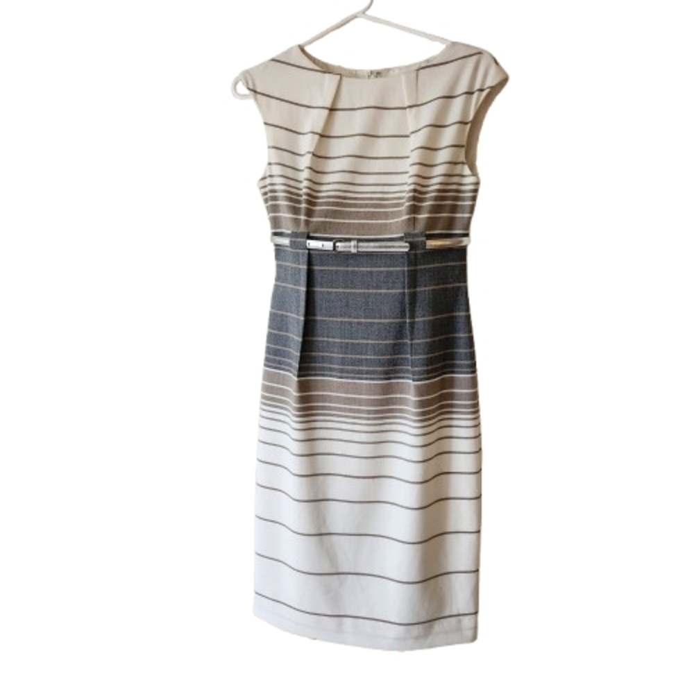Calvin Klein Size 2 Striped Sheath Dress - White Tan Gray + Silver Belt